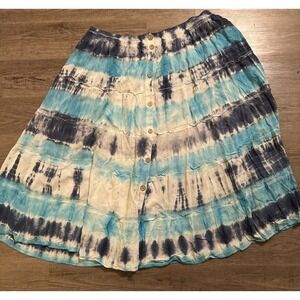 Mlle Gabrielle Skirt Tie Dye 3X Boho Festival Tiered Button Front Blue White